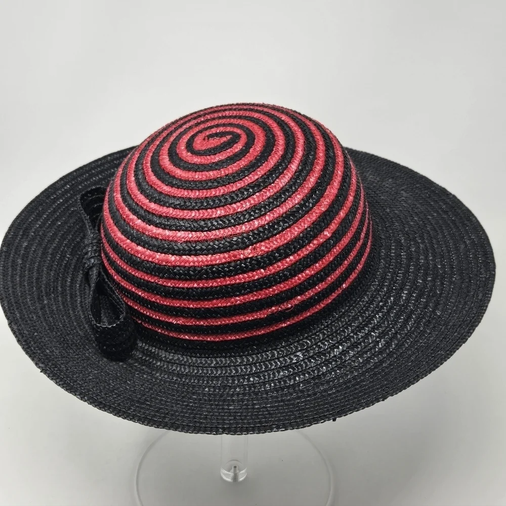 VINTAGE 100% NATURAL STRAW WOVEN HAT BLACK & RED SWIRL ITALY WOMEN OS WHIMSIGOTH - Picture 7 of 13